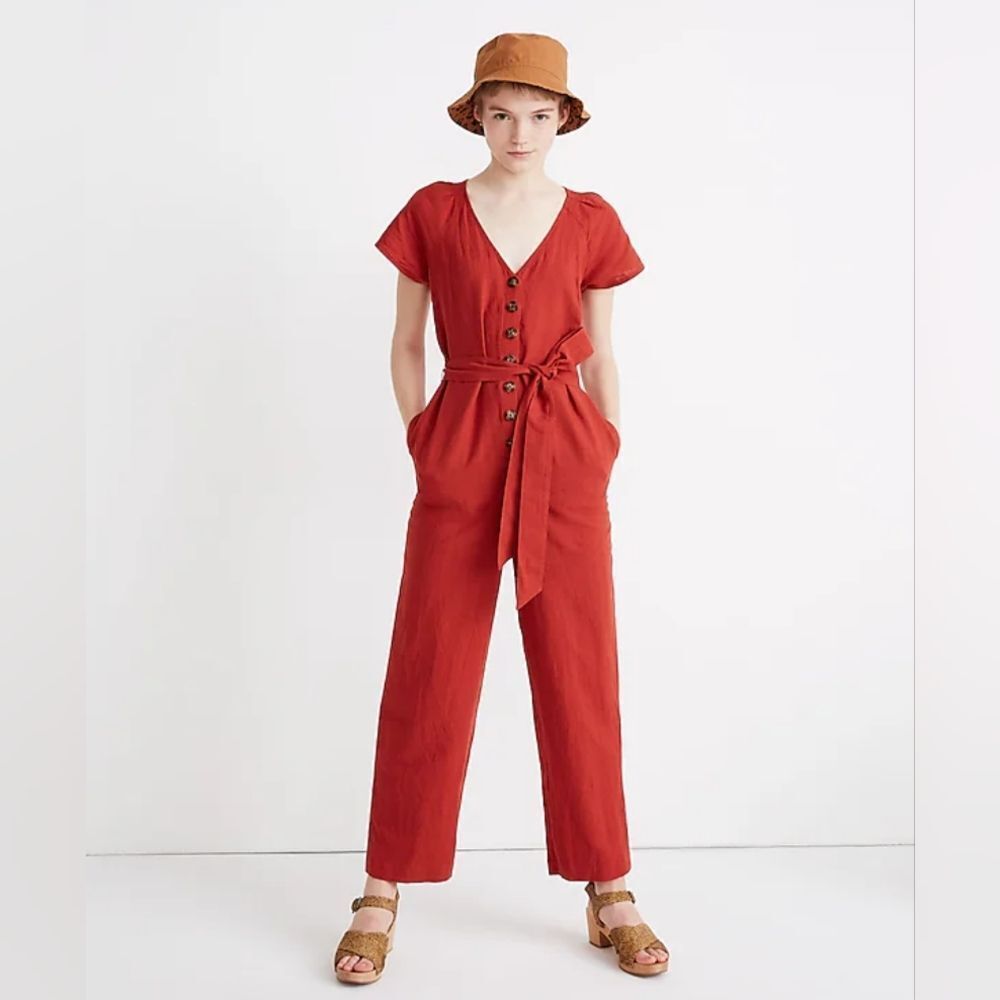 Madewell Burnt Orange Linen-Cotton Pleat-Sleeve Jumpsuit 12 Straight Leg